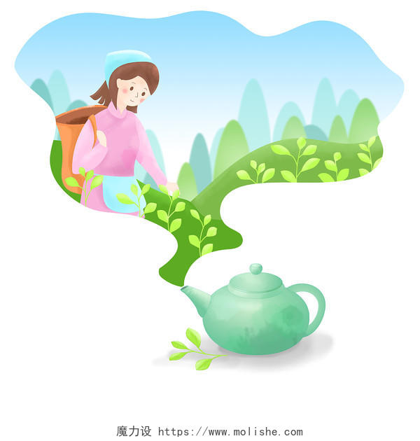 水彩绿色清明节茶山采茶女元素插画清明元素